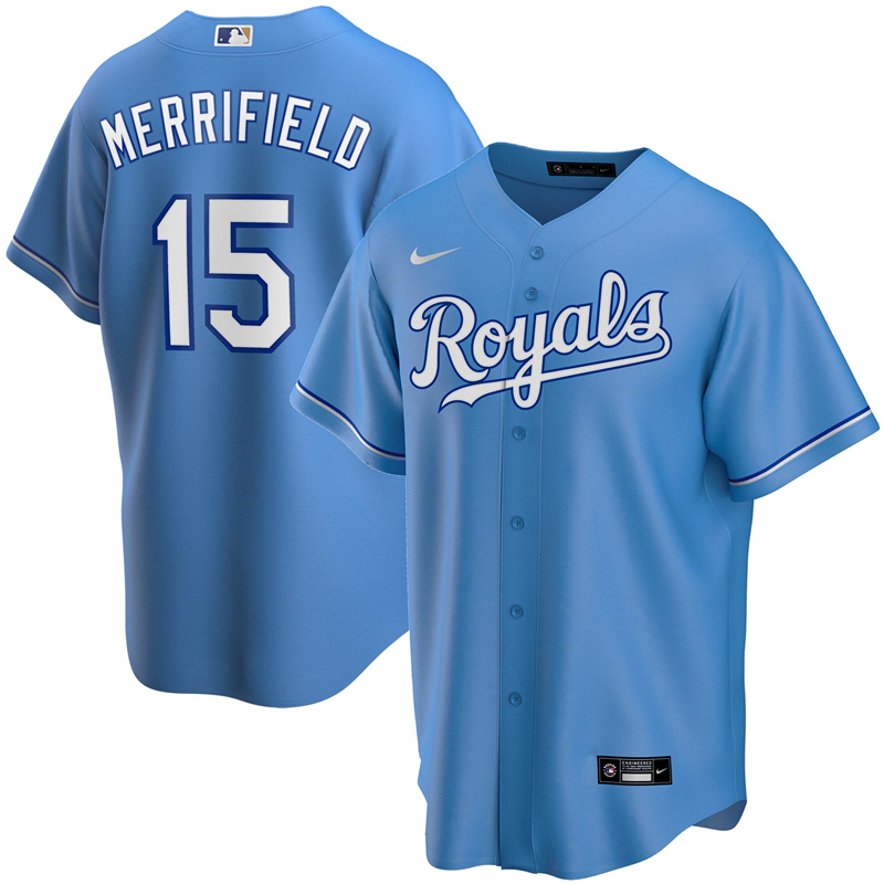 2020 MLB Men Kansas City Royals #15 Whit Merrifield Nike Light Blue Alternate 2020 Replica Player Jersey 1